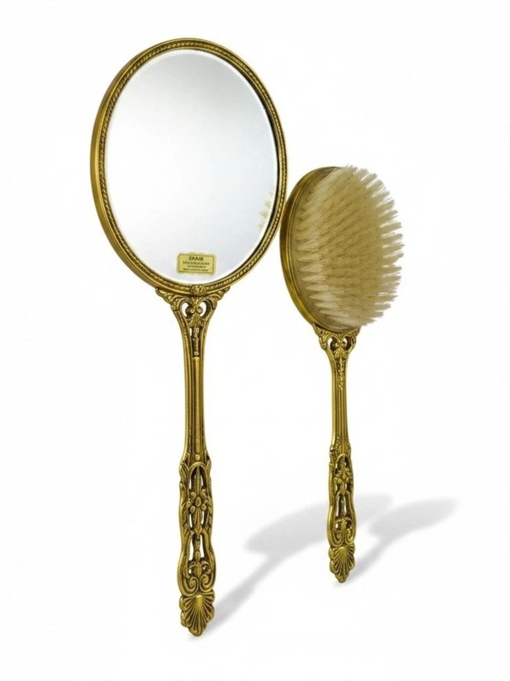 Vtg Globe 24K Gold Plated Vanity Set Mirror Brush Yellow Satin Hollywood Regency